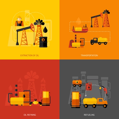 Oil industry design concept set with extraction transportation refining refueling flat icons isolated vector illustration