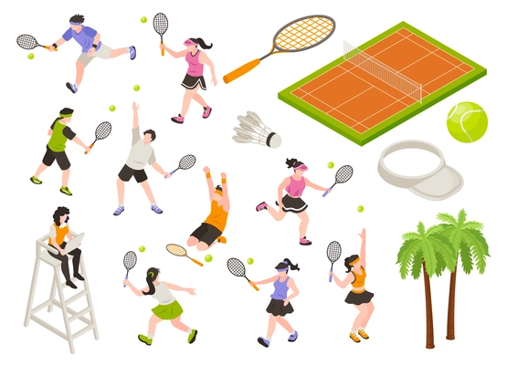 Isometric badminton set of isolated icons with sport equipment items court characters of players and judge vector illustration