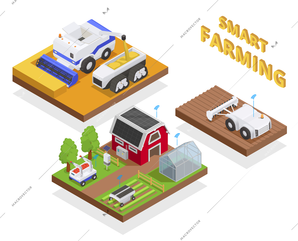 Agriculture automation and smart farming isometric compositions set isolated vector illustration