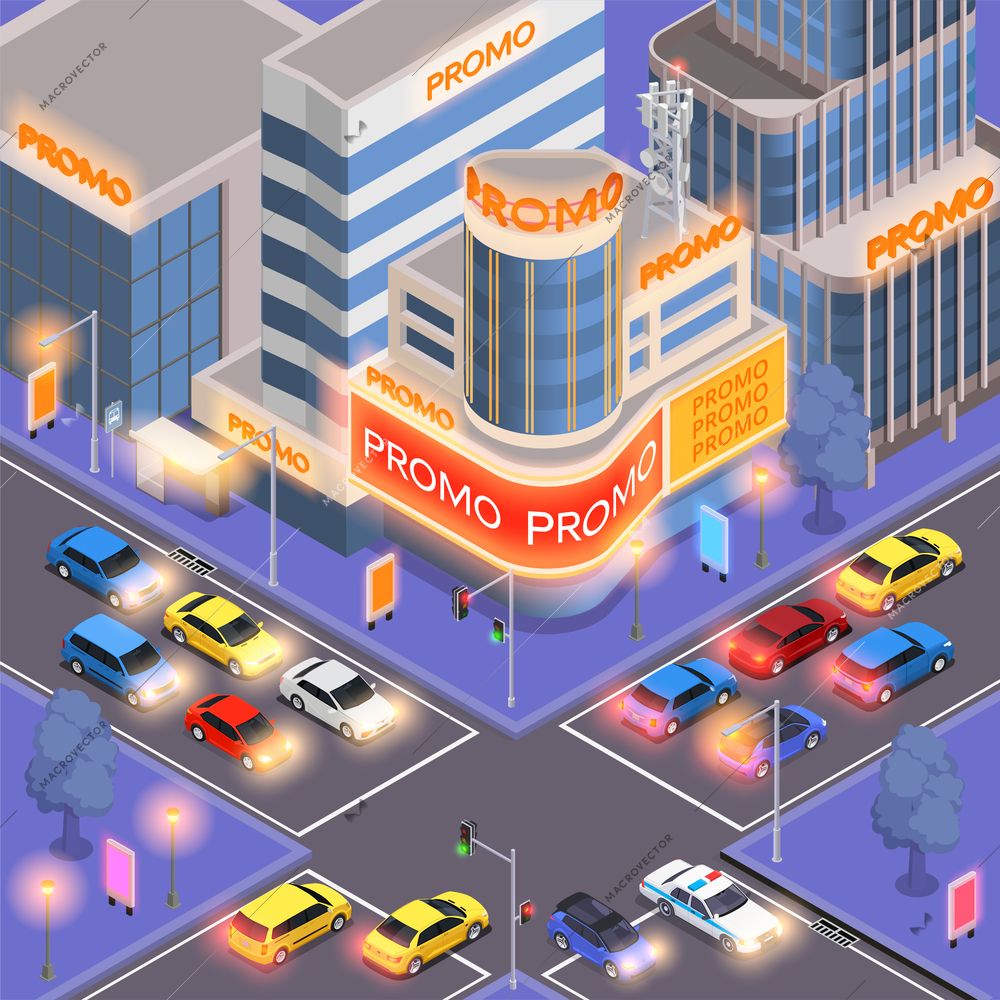 Noise and light pollution composition with city street traffic and ad lights isometric vector illustration