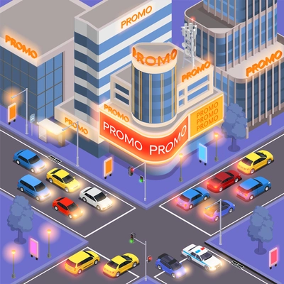 Noise and light pollution composition with city street traffic and ad lights isometric vector illustration