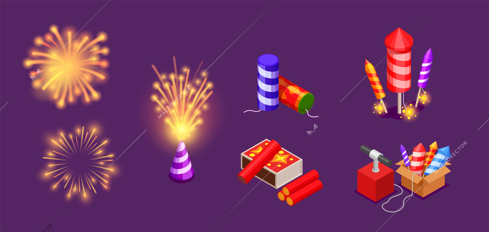 Fireworks isomateic set with petards and explosions isometric vector illustration