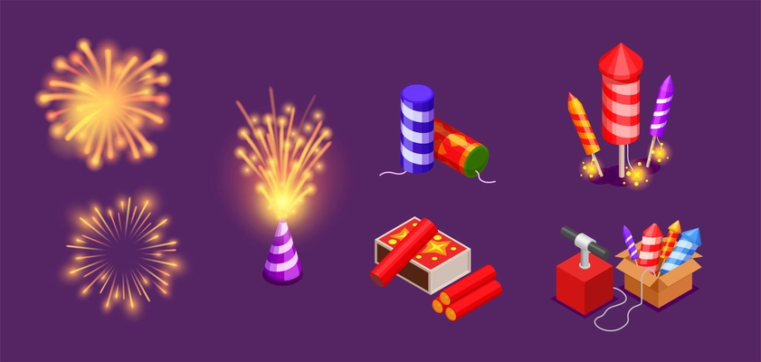 Fireworks isomateic set with petards and explosions isometric vector illustration