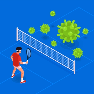 Physical activity isometric concept with man playing tennis against covid virus vector illustration