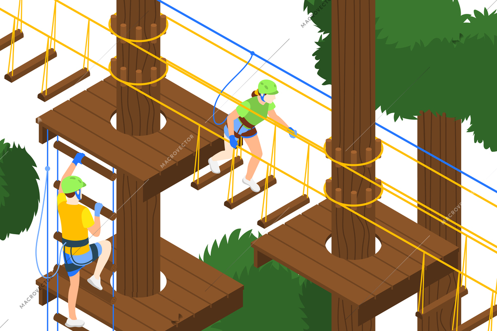 Outdoor activities isometric background with active people in helmets crossing suspended bridge in rope park vector illustration