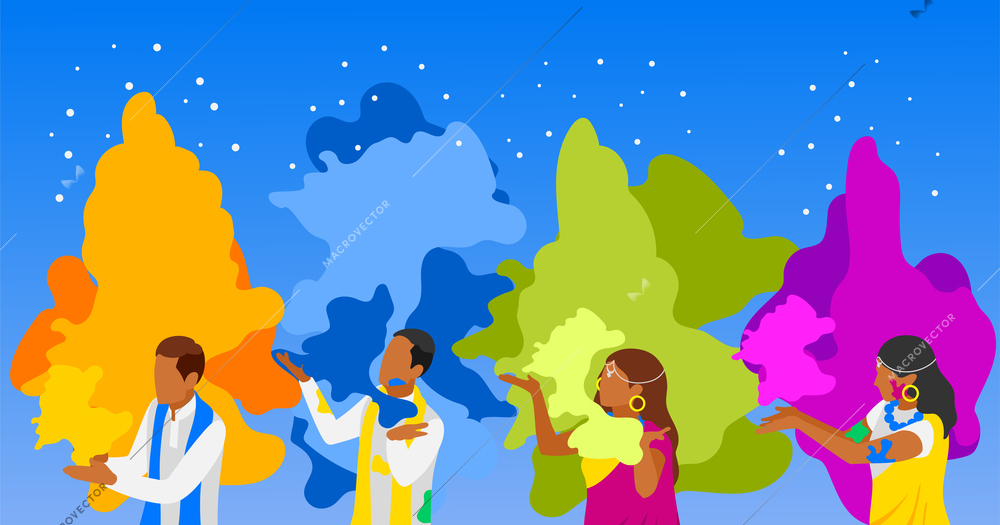 Holi isometric colorful background with indian people in national clothes blowing multicolored powders vector illustration