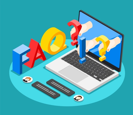 Online Support center FAQ concept with laptop exclamations and question marks  isometric background vector illustration