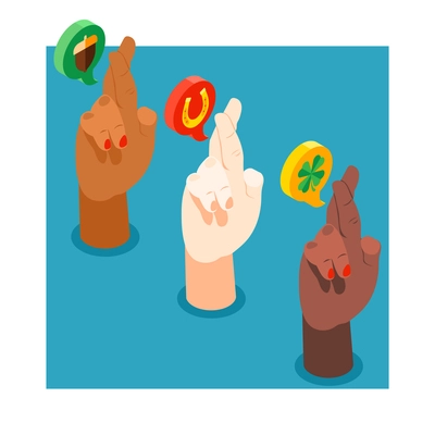 Good luck background with people hands of different skin colors with crossed fingers isometric vector illustration