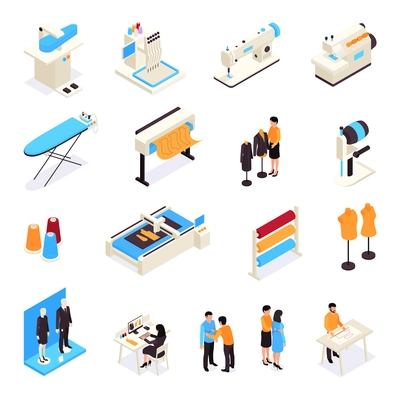 Isometric sewing factory set with isolated icons of factory appliances and human characters of fashion designers vector illustration