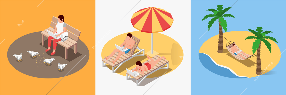 Set with three digital nomads isometric compositions of people relaxing outdoors while working remotely with laptops vector illustration