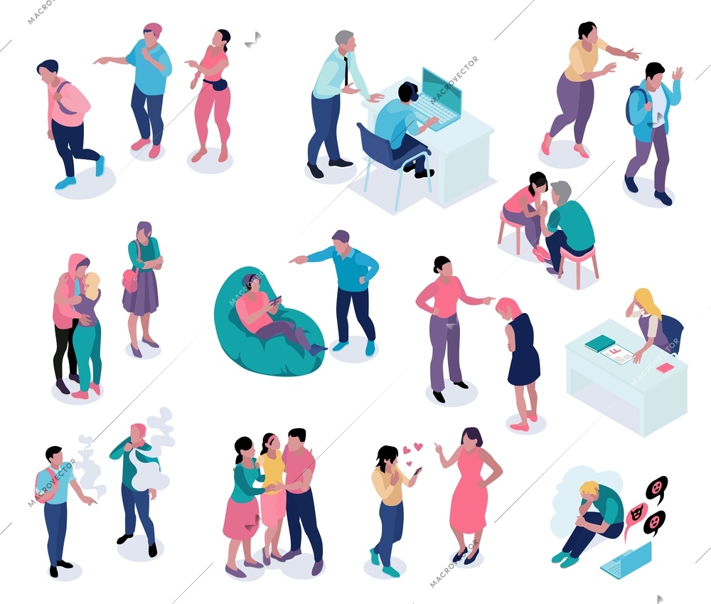 Isometric teenagers parents icon set with isolated human characters of teens and relatives in various situations vector illustration