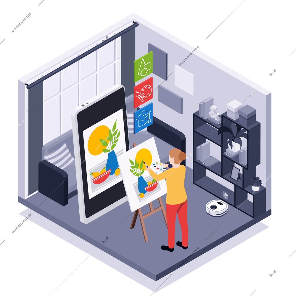 Online services 3d background with female character drawing picture using smartphone and mobile app isometric vector illustration