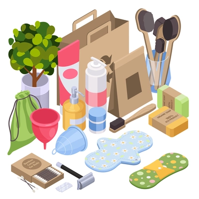 Sustainable living zero waste design concept with natural cosmetics and health care items isometric vector illustration