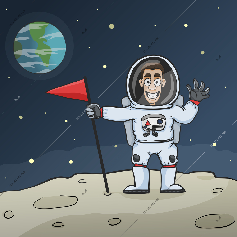 Smiling astronaut in space costume on moon surface with red flag vector illustration
