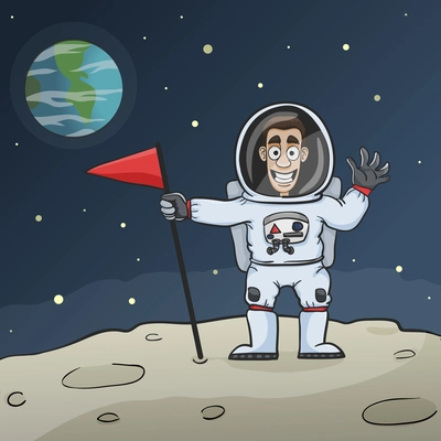 Smiling astronaut in space costume on moon surface with red flag vector illustration