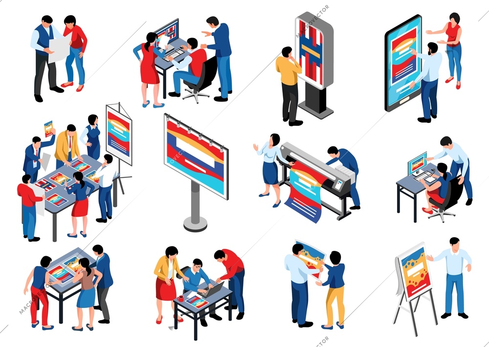 Isometric advertising agency icon set with compositions of creative workers making mockups with printers and gadgets vector illustration