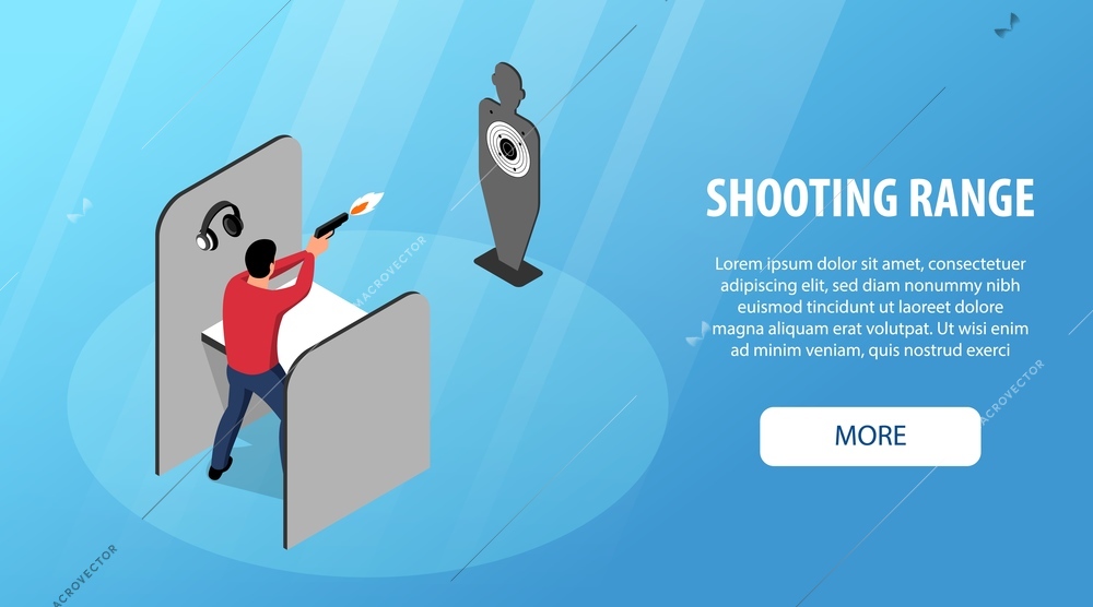 Isometric shooting range horizontal banner with human character firing gun to placard target with editable text vector illustration