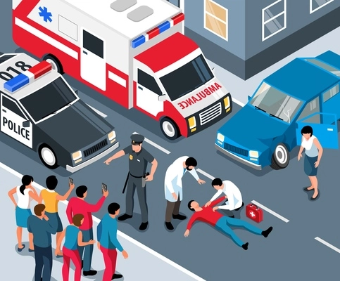 Isometric emergency service composition with outdoor street scenery and doctors helping victim with police ambulance cars vector illustration