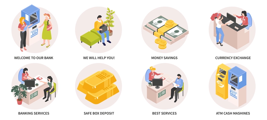 Isometric bank composition set with welcome to our bank we will help you money savings currency exchange banking services safe box deposit best services atm cash machines descriptions vector illustration