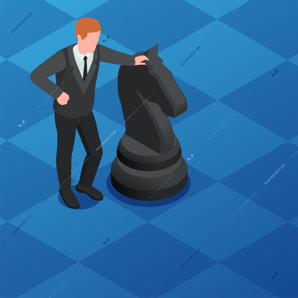 Leadership infographic composition with isometric chess board scenery and character of businessman with black knight piece vector illustration