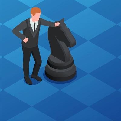 Leadership infographic composition with isometric chess board scenery and character of businessman with black knight piece vector illustration