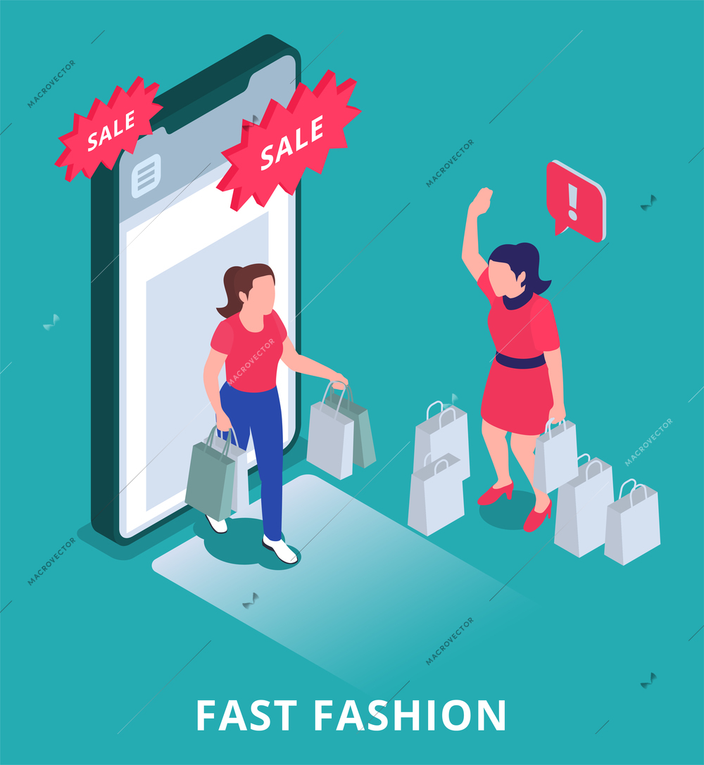 Fast fashion problems isometric infographic composition with girls carrying shopping bags smartphone door with sale badges vector illustration