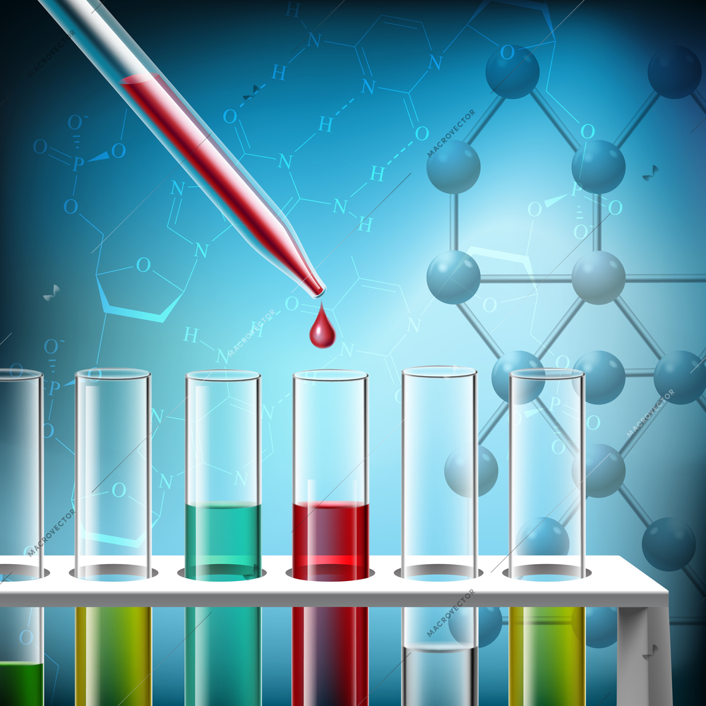 Science research with pipette and analysis tubes closeup realistic background vector illustration