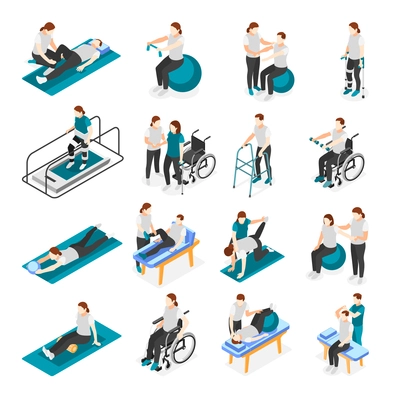 Physiotherapy and rehabilitation isometric icons set with treatment symbols isolated vector illustration