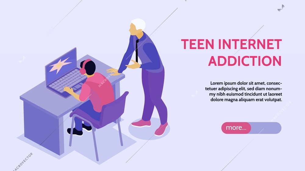 Isometric teenagers parents horizontal banner with editable text slider more button and human characters with laptop vector illustration