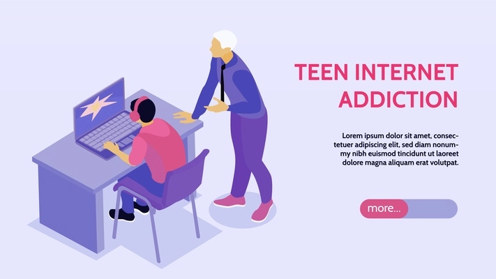 Isometric teenagers parents horizontal banner with editable text slider more button and human characters with laptop vector illustration