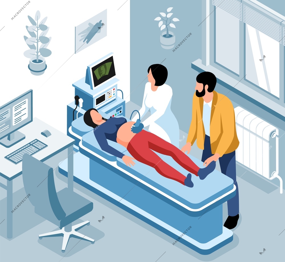 Scan diagnostic composition abdominal ultrasound in a pregnant woman with a man standing next to the doctor vector illustration