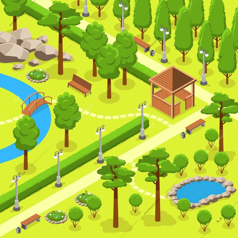 Isometric park landscape composition green woods and green lawn in landscaped park with gazebos and walking paths vector illustration