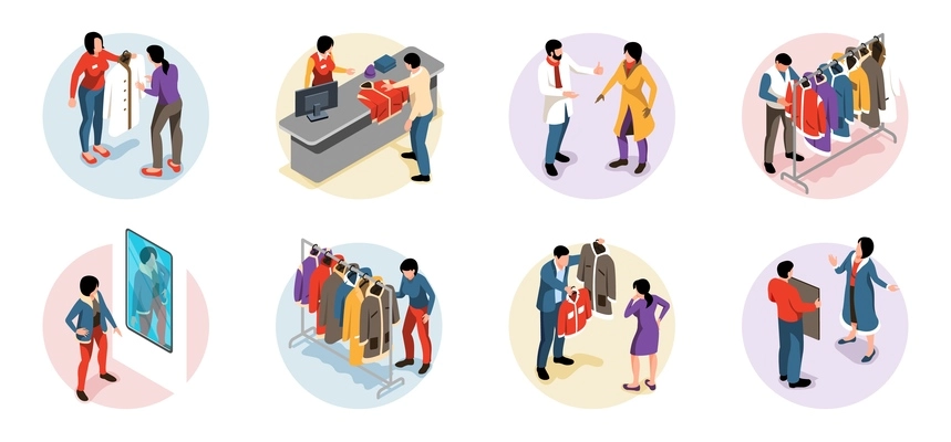 Set with isometric outerwear store round compositions with characters of men and women choosing changing clothes vector illustration