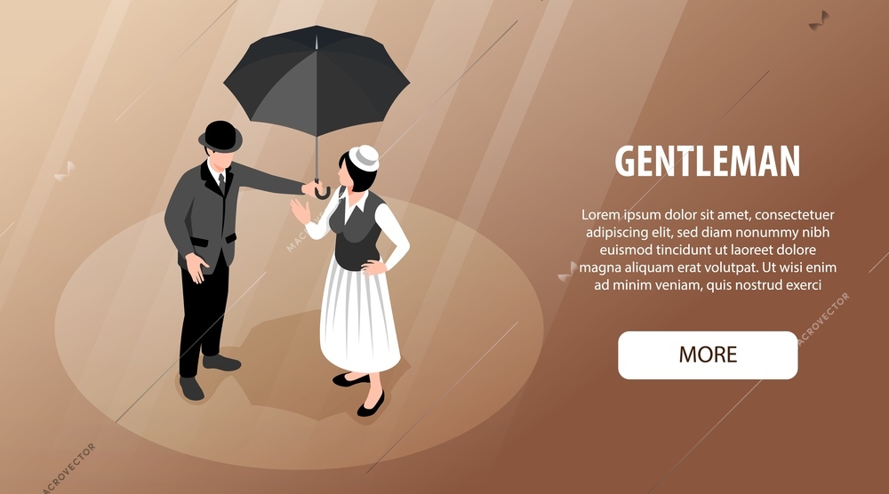 Isometric gentleman horizontal banner with characters of vintage couple with umbrella editable text and more button vector illustration