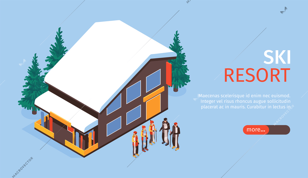 Ski resort horizontal banner with cozy small chalet isometric image in mountains vector illustration