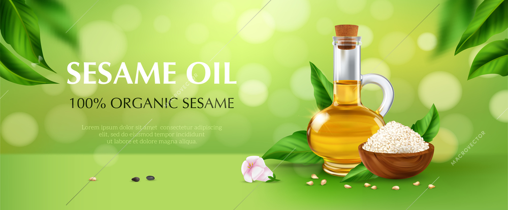 Realistic green poster with jug of organic sesame oil and wooden bowl of white seeds on background with bokeh horizontal vector illustration