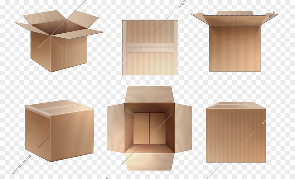 Six view of empty cardboard realistic set on transparent background isolated vector illustration