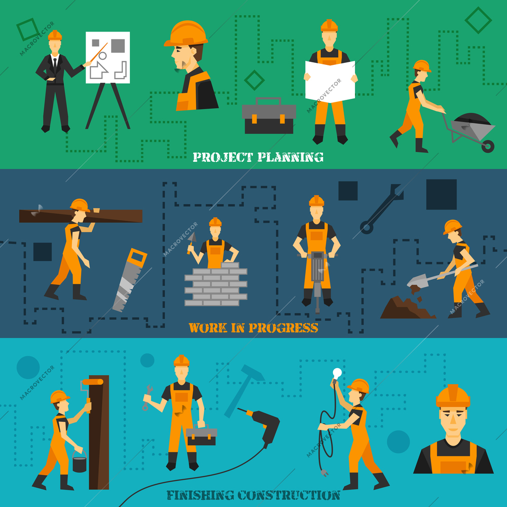 Construction horizontal banners set with project planning work in progress finishing elements isolated vector illustration