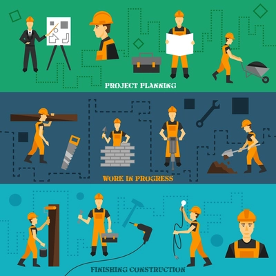 Construction horizontal banners set with project planning work in progress finishing elements isolated vector illustration