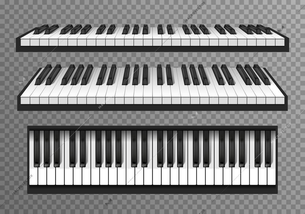 Keys of classic piano from different angles realistic set isolated on transparent background vector illustration