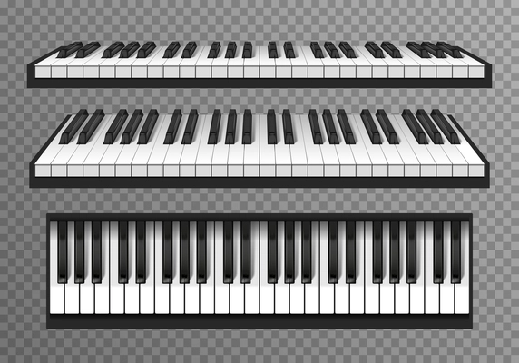 Keys of classic piano from different angles realistic set isolated on transparent background vector illustration