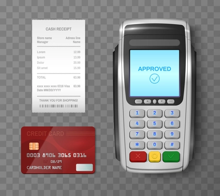 Bank terminal for purchases paying in store with credit card and paper check transparent set isolated vector illustration