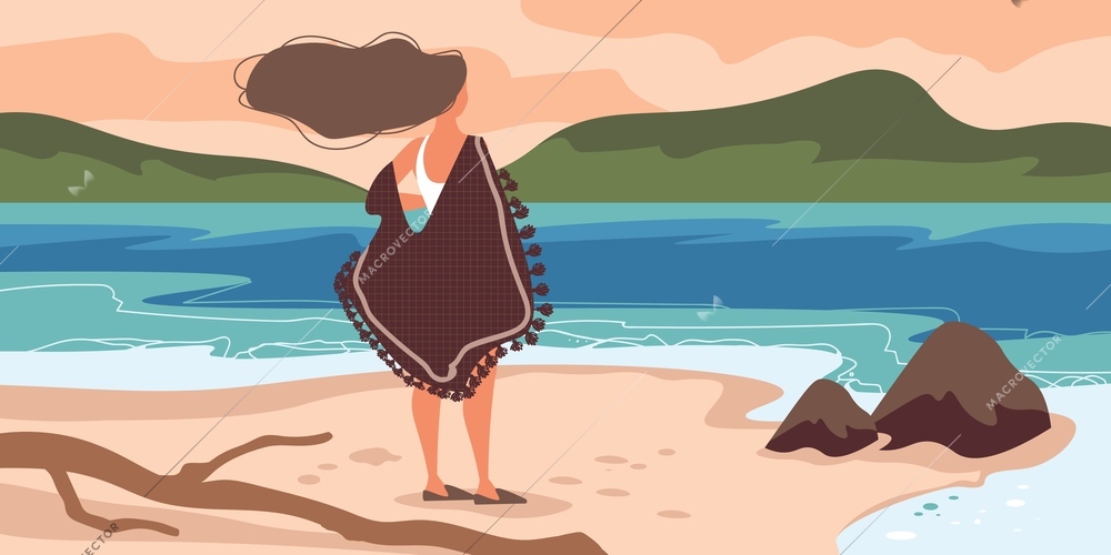 People relax flat composition with lonely woman standing on riverbank and contemplating beauty of nature vector illustration