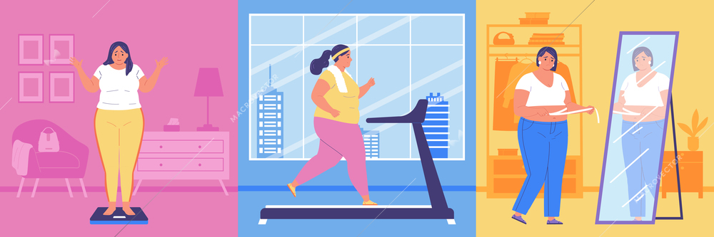 Obese people flat compositions set of women in front of mirror on floor scales on treadmill vector illustration