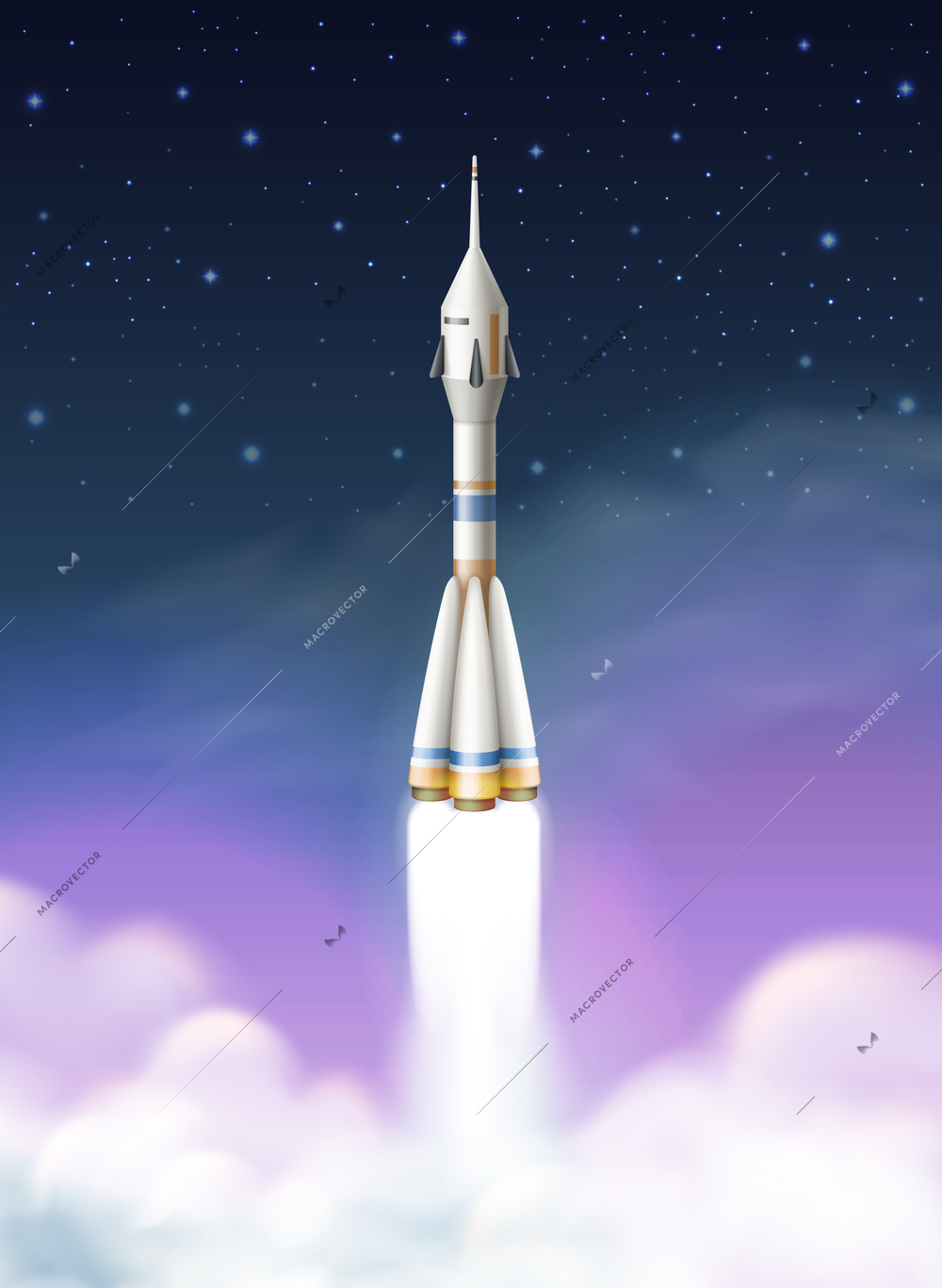 Rocket launch on realistic background with starry sky and clouds vector illustration