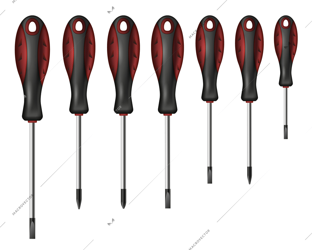 Screwdrivers realistic set with redecoration and repait symbols isolated vector illustration