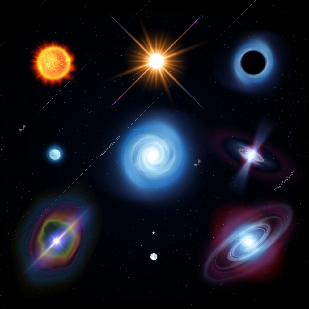 Star life cycle realistic set with isolated icons of shiny celestial bodies on dark sky background vector illustration