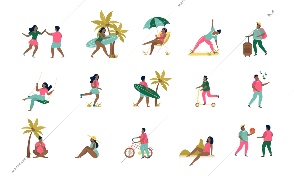 Summer activities flat set of isolated icons with lounge chairs palms leisure equipment and human characters vector illustration