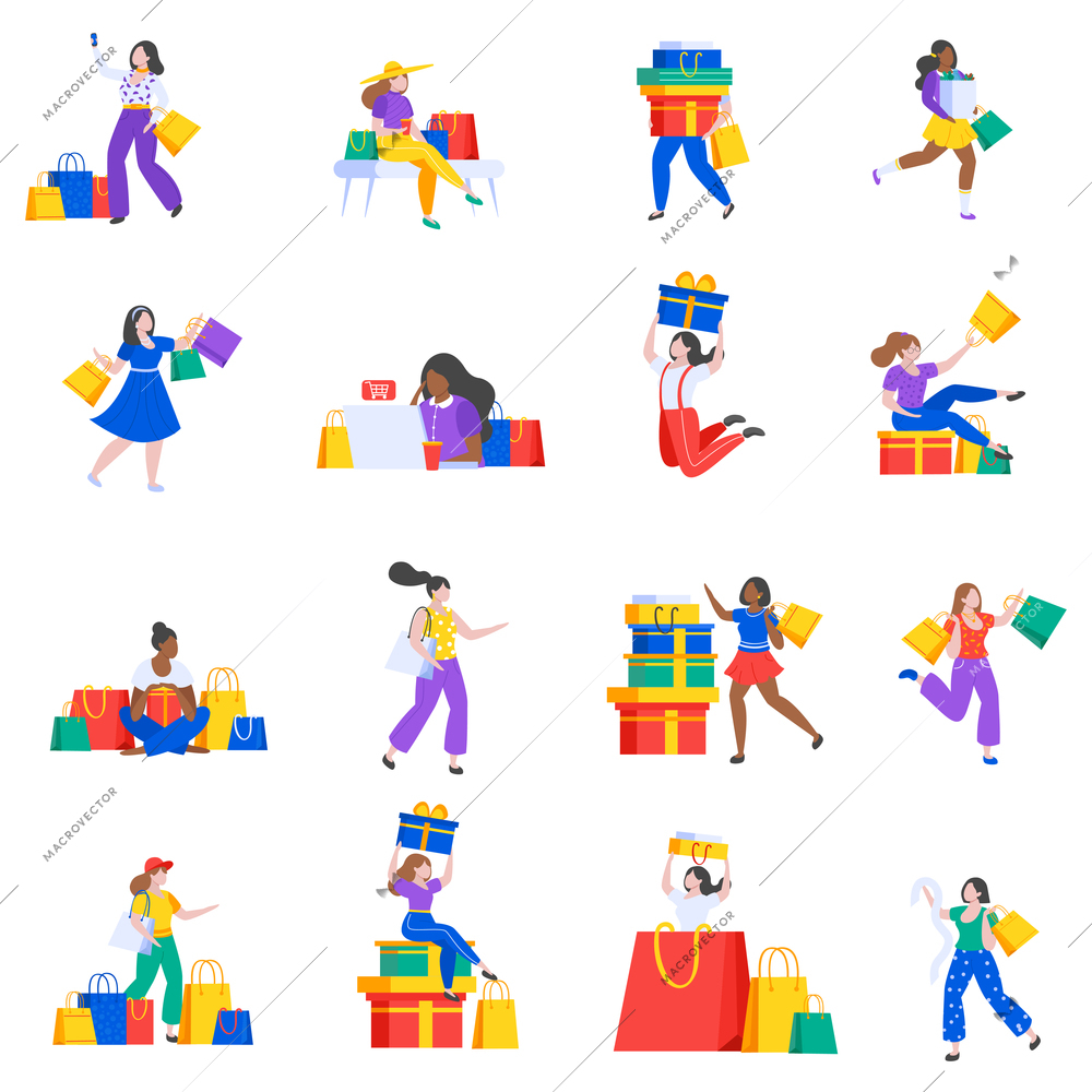 Shopping girls flat icons collection with isolated human characters of women holding bags and gift boxes vector illustration