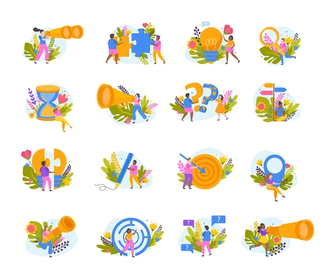 Searching decisions concept flat icons collection with isolated images of people with binoculars targets hour glass vector illustration